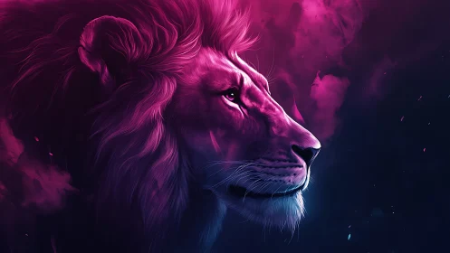 Neon side-lit lion portrait renders cosmic bioluminescent aura