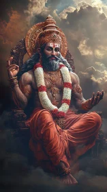 Divine sage seated on ornate throne amid storm clouds.