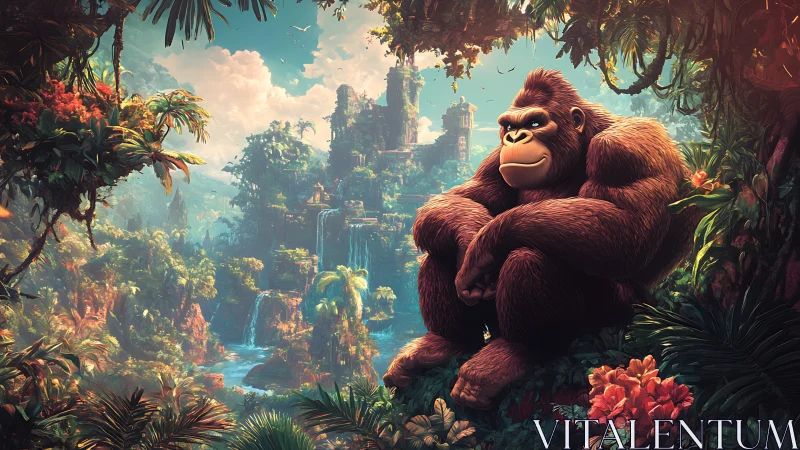 Colossal gorilla surveys luminous jungle waterfalls in repose.