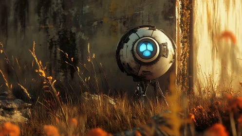 Spherical reconnaissance drone in overgrown post-urban ruin.