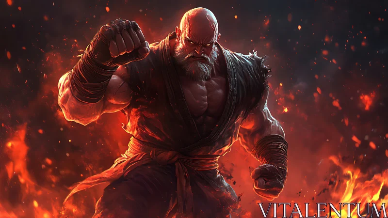 Battle-hardened martial artist emerges from roaring flames.