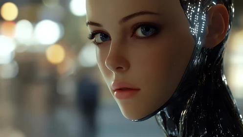 Cybernetic woman gazes through neon city bokeh lights.