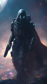 Mysterious space wanderer glowing against a burning skyline.