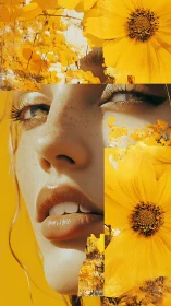 Female face collage merges with large yellow floral elements