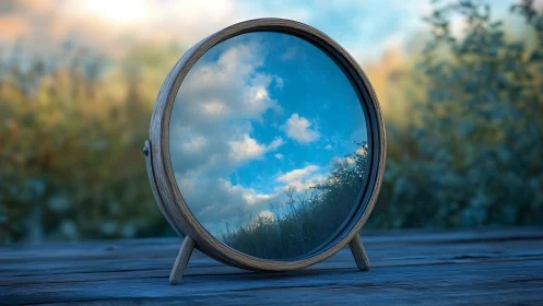 Round wooden mirror reflecting bright blue cloudy sky.