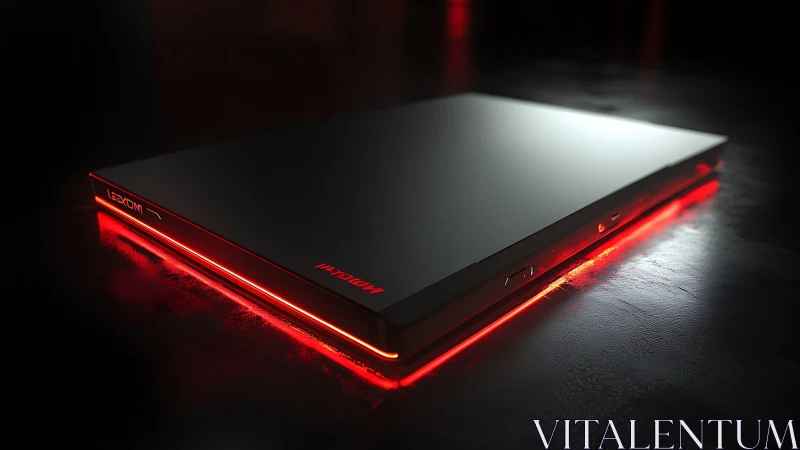 Closed gaming laptop shows red LED edge lighting on desk