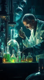 Elderly chemist studies glowing liquids in moody lab scene.