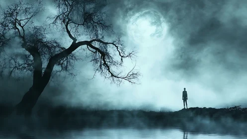 Silhouette stands by misty lake under bright full moon