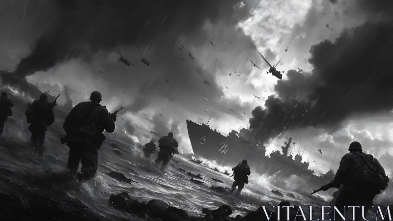 Monochrome amphibious assault scene in cinematic photorealism.
