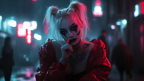 Neon drenched rebel applies lipstick in a moody city alley