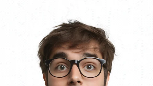 Curious young man with black glasses on white background.
