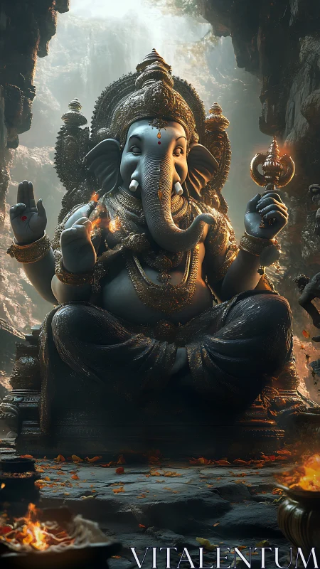 Elephant-headed deity statue with gold ornaments in cave.