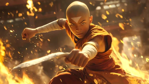 Bald martial artist in orange robe amid dynamic fire effects.