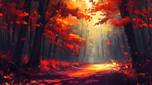 Enchanted Autumn Forest Ablaze with Crimson Foliage and Golden Light