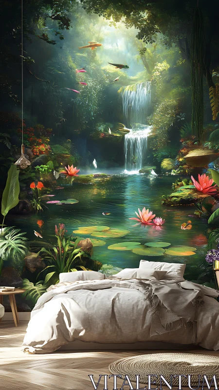 Bedroom interior incorporates large digital mural of forest waterfall