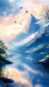 Sunlit mountain lake rises into glowing pastel sky.