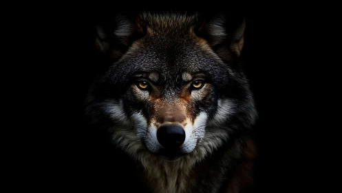 Lone wolf portrait emerging from deep shadowed blackness.