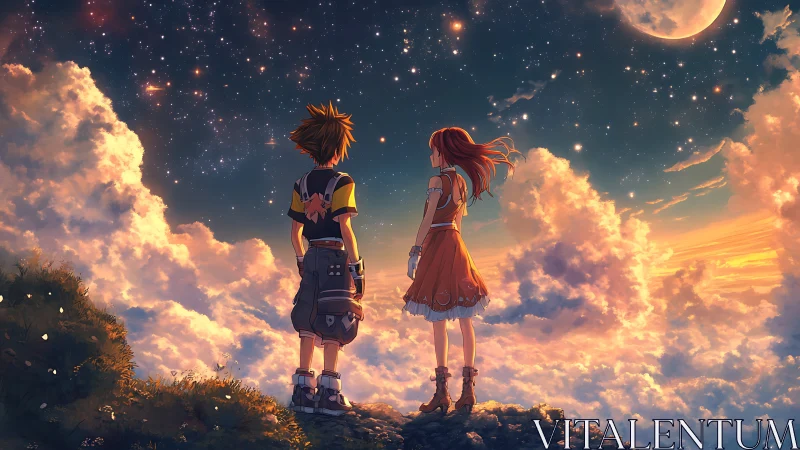 Two anime friends share a glowing sunset above the clouds.
