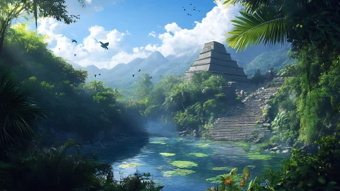 Stepped stone pyramid overlooks dense jungle river basin