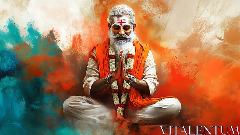 Elderly Hindu ascetic in lotus pose with tricolor abstract aura