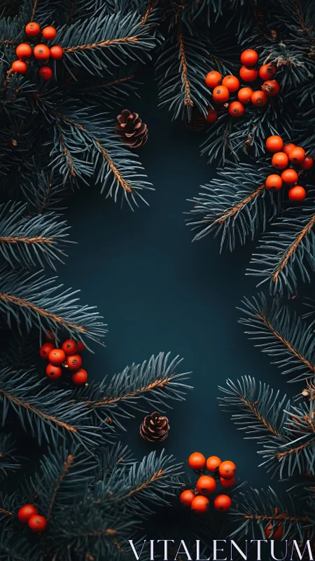 Festive evergreen border with red berries on dark backdrop.