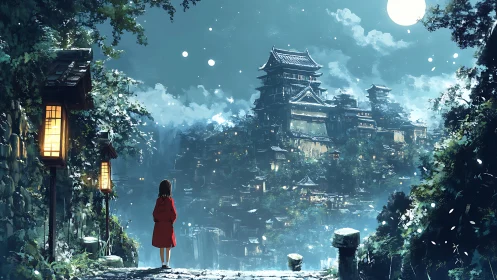 Moonlit mountain citadel viewed from lantern path at night