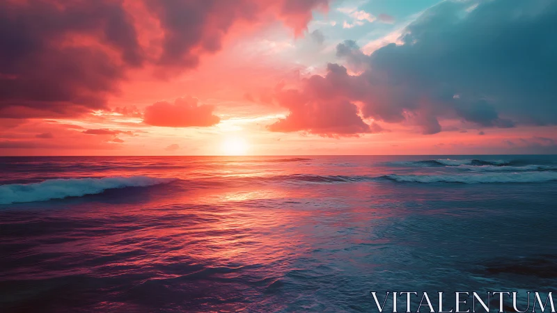 Sunset illuminates ocean waves under dense cloud cover