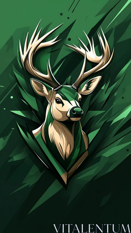 Stylized deer head illustration with bold green antlers.