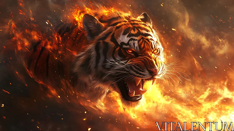 Roaring tiger head materializes from dynamic swirling fire plume