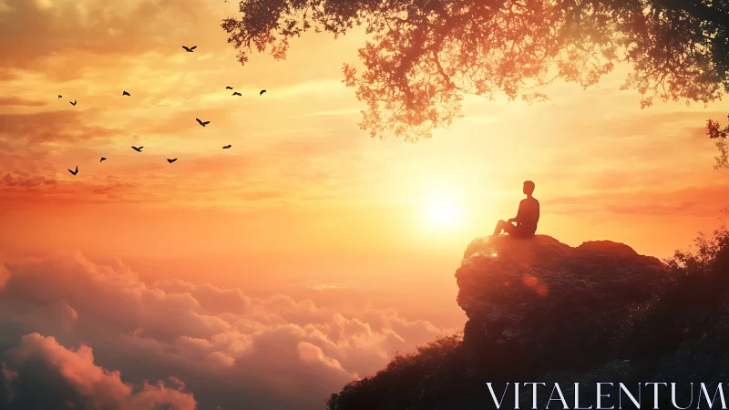 Silhouette sits on cliff edge above cloud layer at sunset