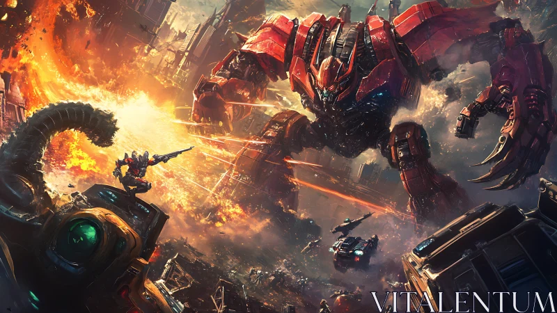 Colossal red combat mech attacks ruined sci fi city