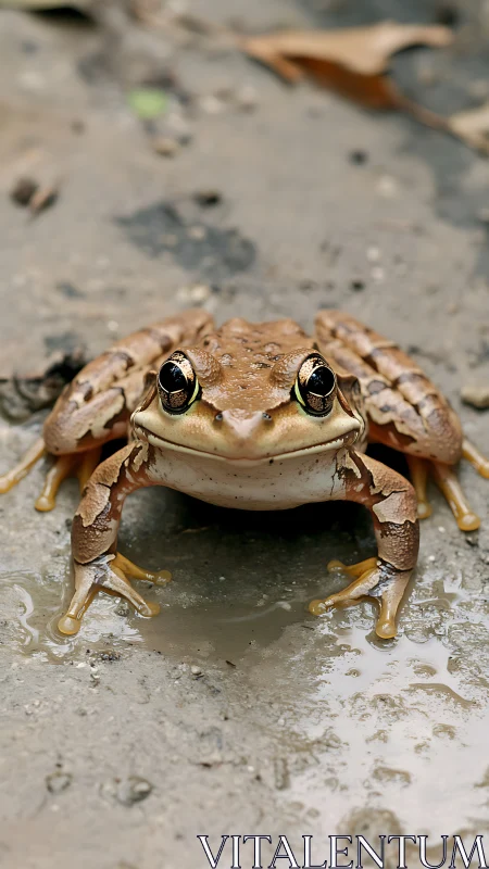Brown frog crouches on wet ground with bright reflective eyes.