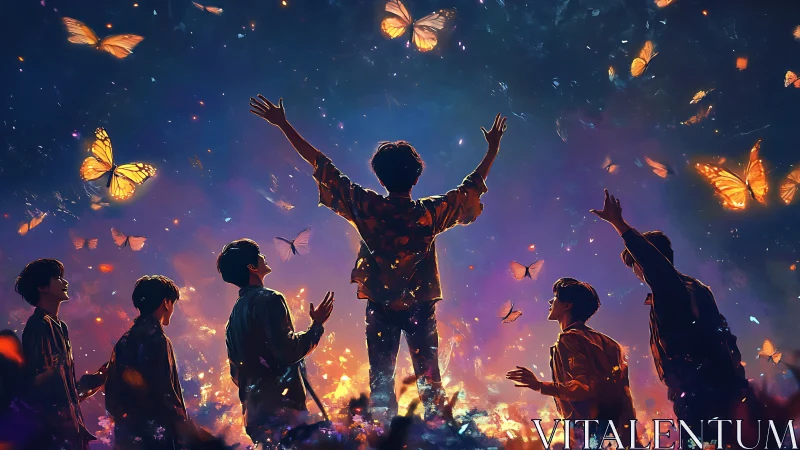 Luminescent youth ensemble beneath migratory aurora of butterflies.