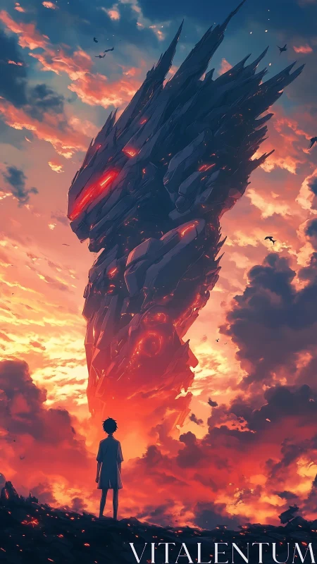 Fiery sky welcomes a lone child facing a colossal mech