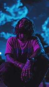 Moody night glow with a calm, tattooed street dreamer.