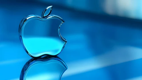 Glass Apple Logo on Glossy Blue Surface, Futuristic 3D Render.