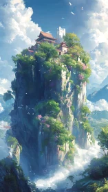 Asian pagoda atop towering cliff formation surrounded by clouds