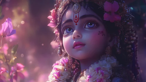 Gentle divine child gazes upward in glowing floral light