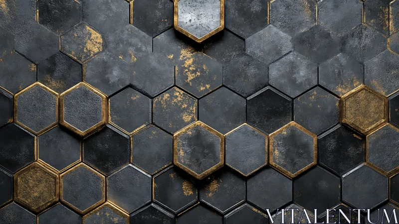 Hexagonal metallic tessellation with distressed gold inlays.