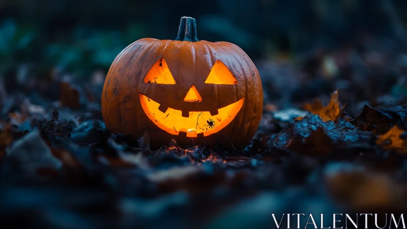 Backlit jack-o-lantern glows amid wet autumn leaf litter at dusk