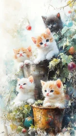 Five Mischievous Kittens Perched Among Ivy & Apples.
