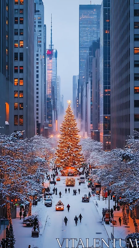 Snow-covered city avenue with illuminated central Christmas tree