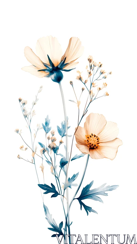 Botanical Watercolor Study: Cosmos and Delicate Wildflower Arrangement.