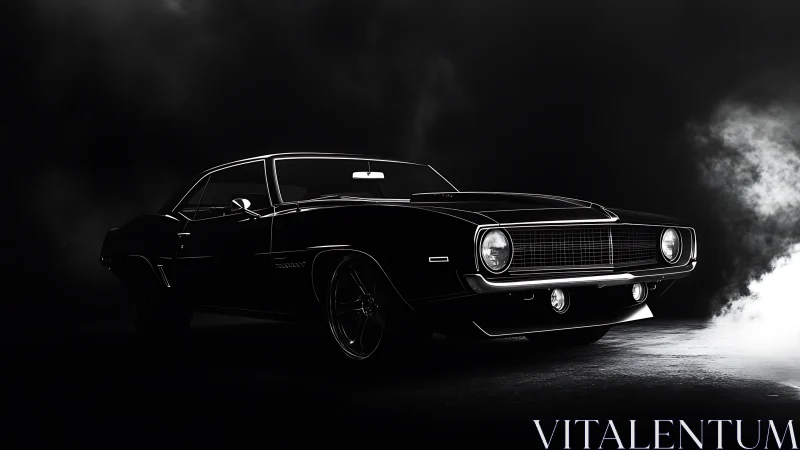 Classic black muscle car in low key studio lighting scene.