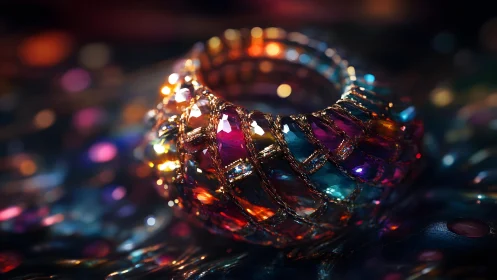 Prismatic jewel ring swirling with liquid rainbow light.