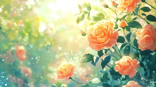 Sunlit peach roses glow against soft bokeh garden haze