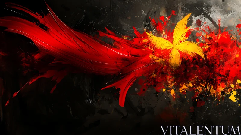 Crimson motion streak with radiant yellow abstract flower.