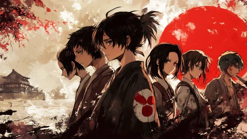 Samurai youth line under red sun in painterly anime style.
