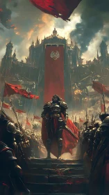 Crimson banners over a steadfast knight before the citadel.