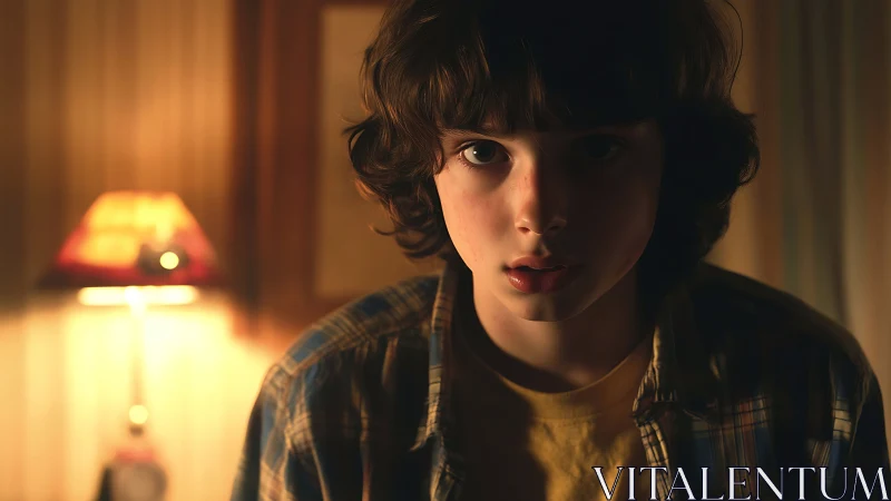 Soft lamplight on a thoughtful kid lost in midnight wonder.